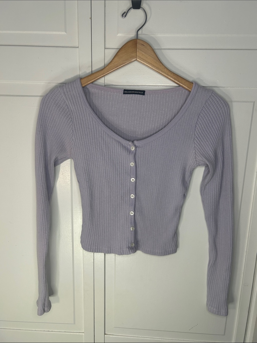 Brandy Melville Light Lavender Ribbed Button-Front Long Sleeve Top